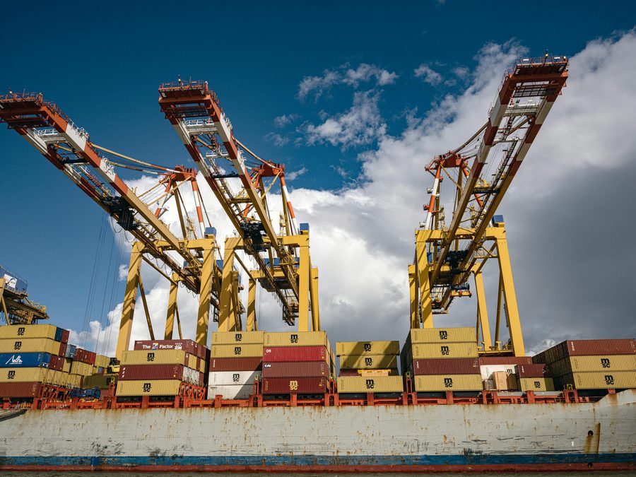 Ship-to-shore cranes loading a vessel
